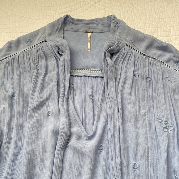 Free People Wishful Moments Tie Neck Blouse Embroidered Light Blue Oversized XS - Picture 3 of 16